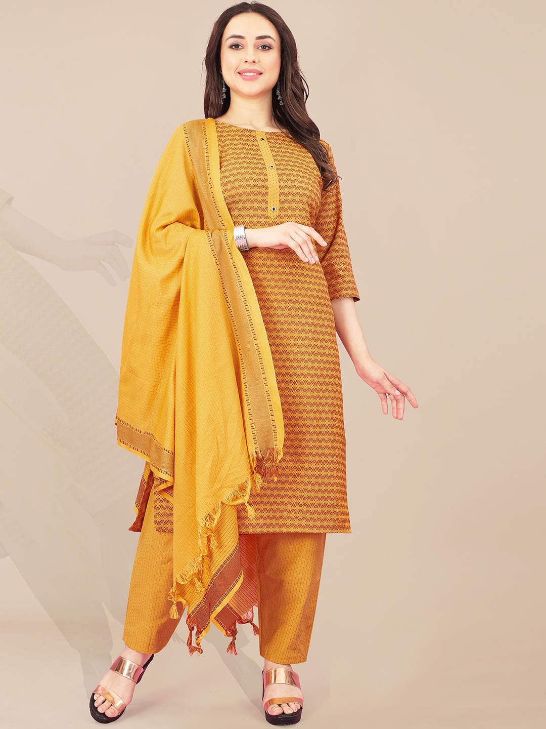 

KALINI Woven Design Pure Cotton Kurta & Trousers With Dupatta, Yellow