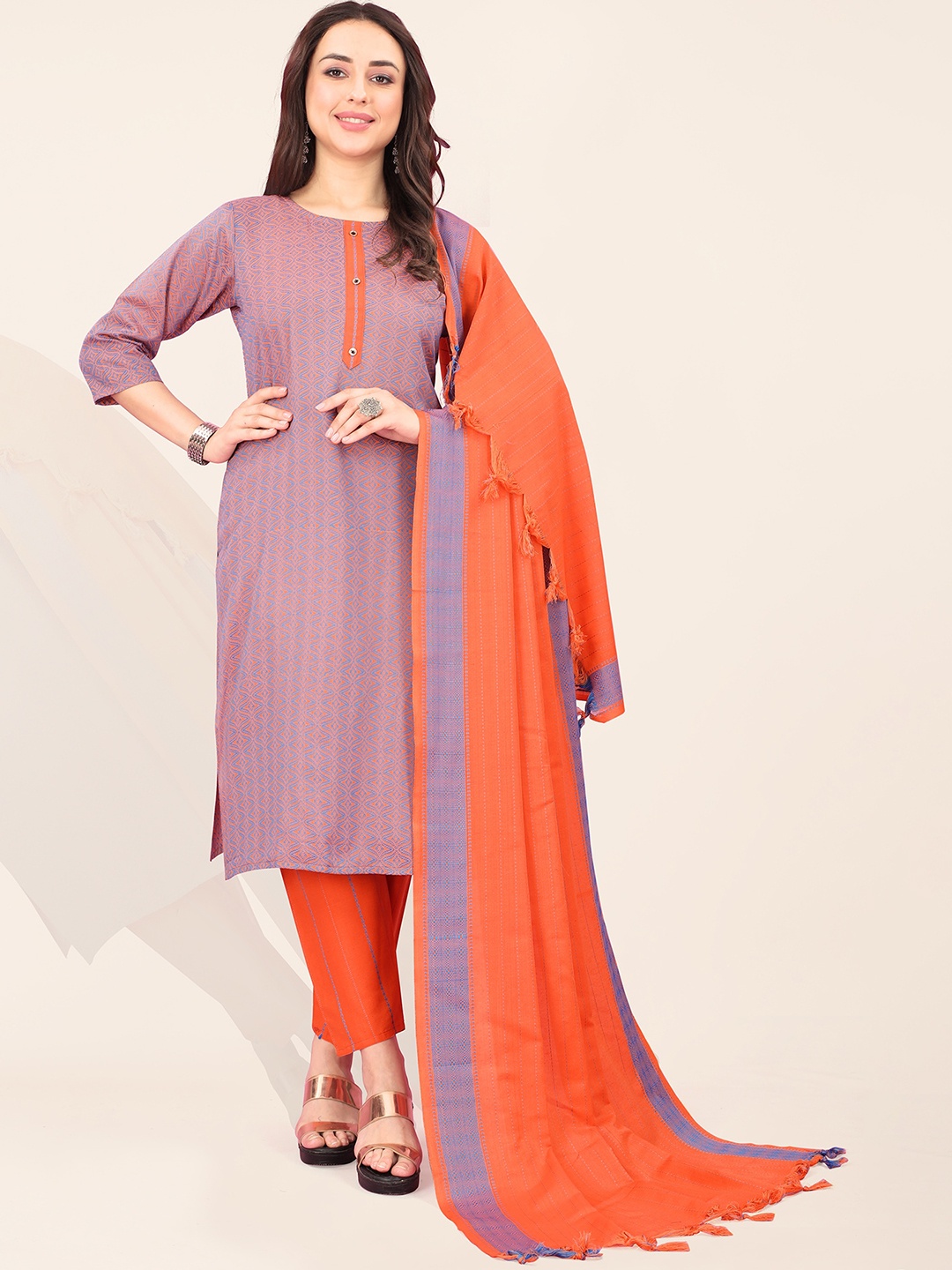 

KALINI Woven Design Pure Cotton Kurta & Trousers With Dupatta, Orange