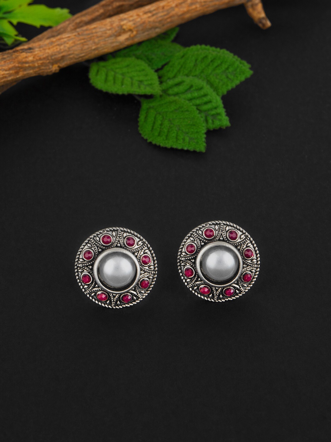

E2O Silver-Plated Stone Studded Contemporary Studs Earrings