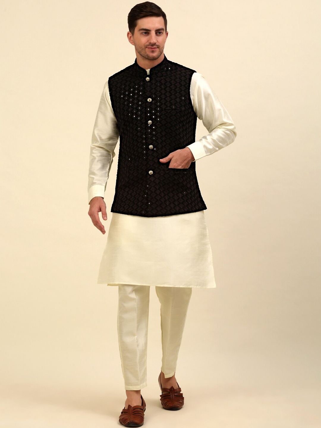 

Anouk Black Mandarin Collar Straight Kurta & Pyjamas With Nehru Jacket