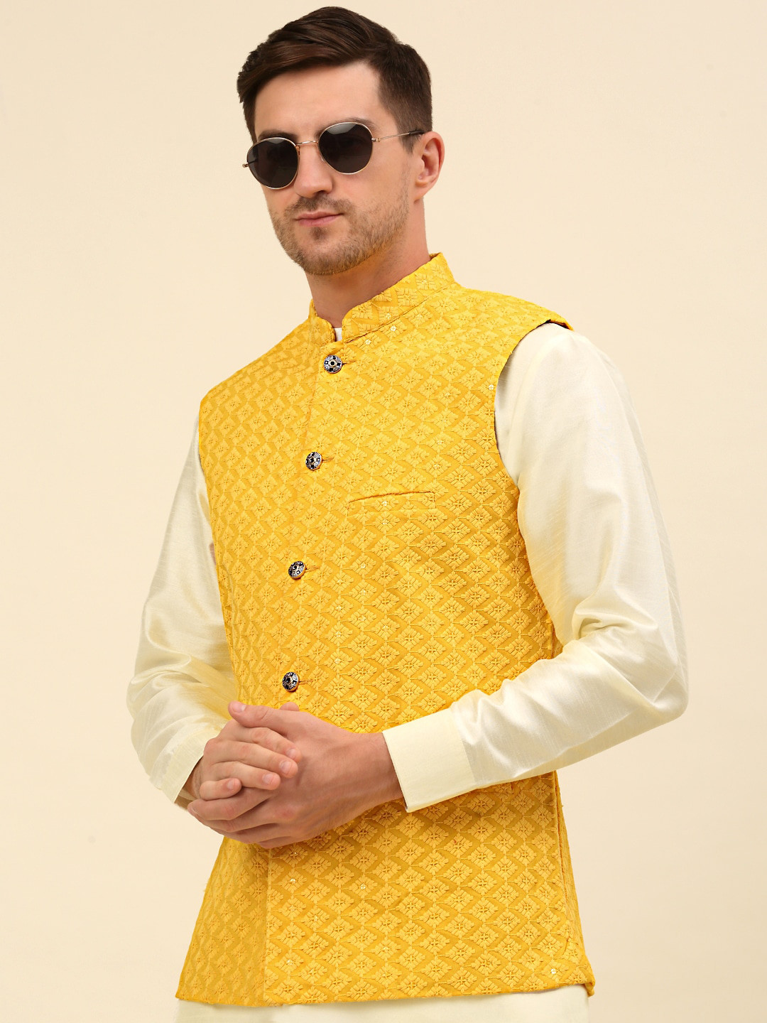 

Anouk Yellow Mandarin Collar Straight Kurta & Pyjamas With Nehru Jacket