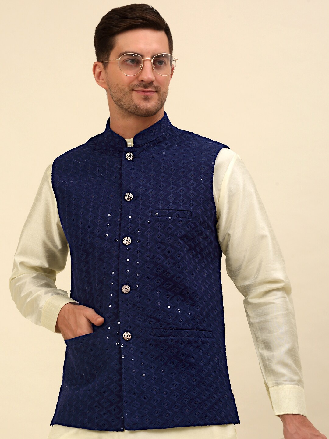 

Anouk Navy Blue Mandarin Collar Straight Kurta & Pyjamas With Nehru Jacket