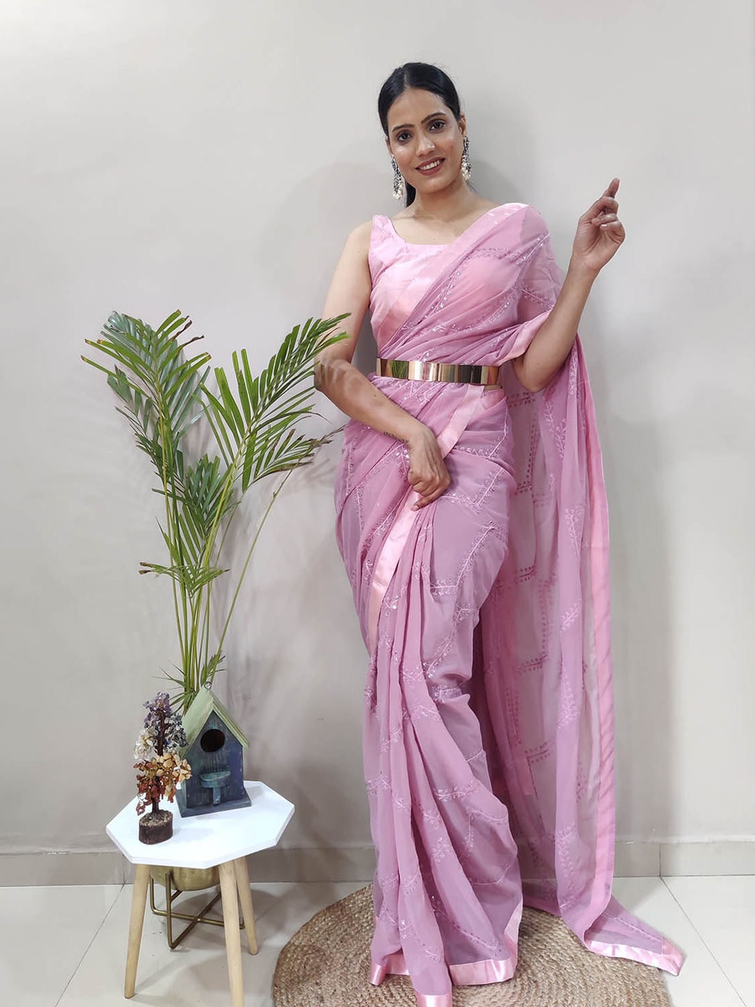 

ODETTE Floral Sequin Embroidered Saree, Purple