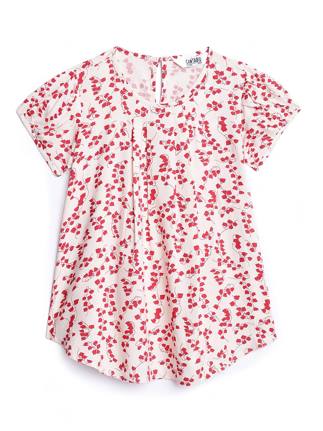 

Cantabil Girls Floral Printed Puff Sleeves Regular Top, Red