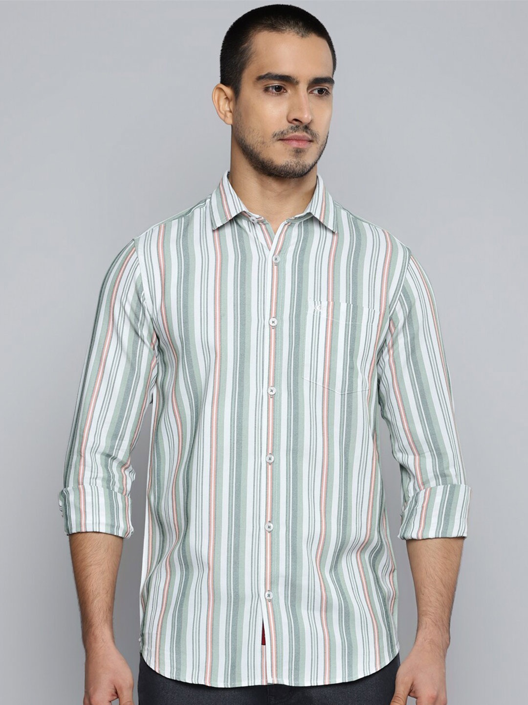 

Allen Cooper India Slim Slim Fit Opaque Striped Cotton Casual Shirt, Green