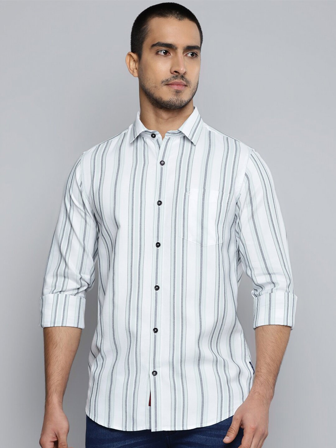 

Allen Cooper India Slim Fit Striped Cotton Casual Shirt, White