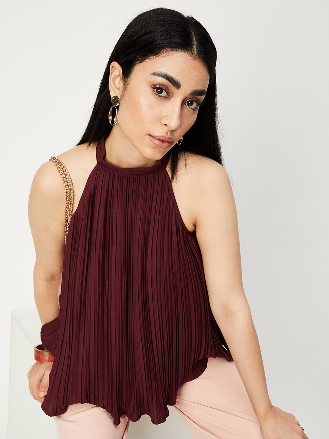 

max Accordion Pleated Halter Neck A-Line Top, Maroon