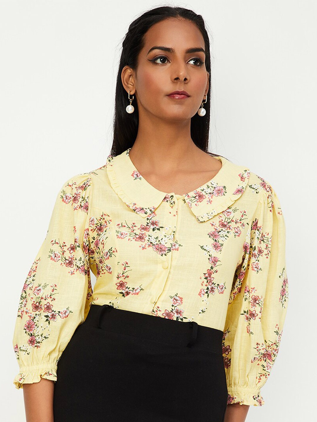 

max Floral Printed Peter Pan Collar Puff Shirt Style Top, Yellow