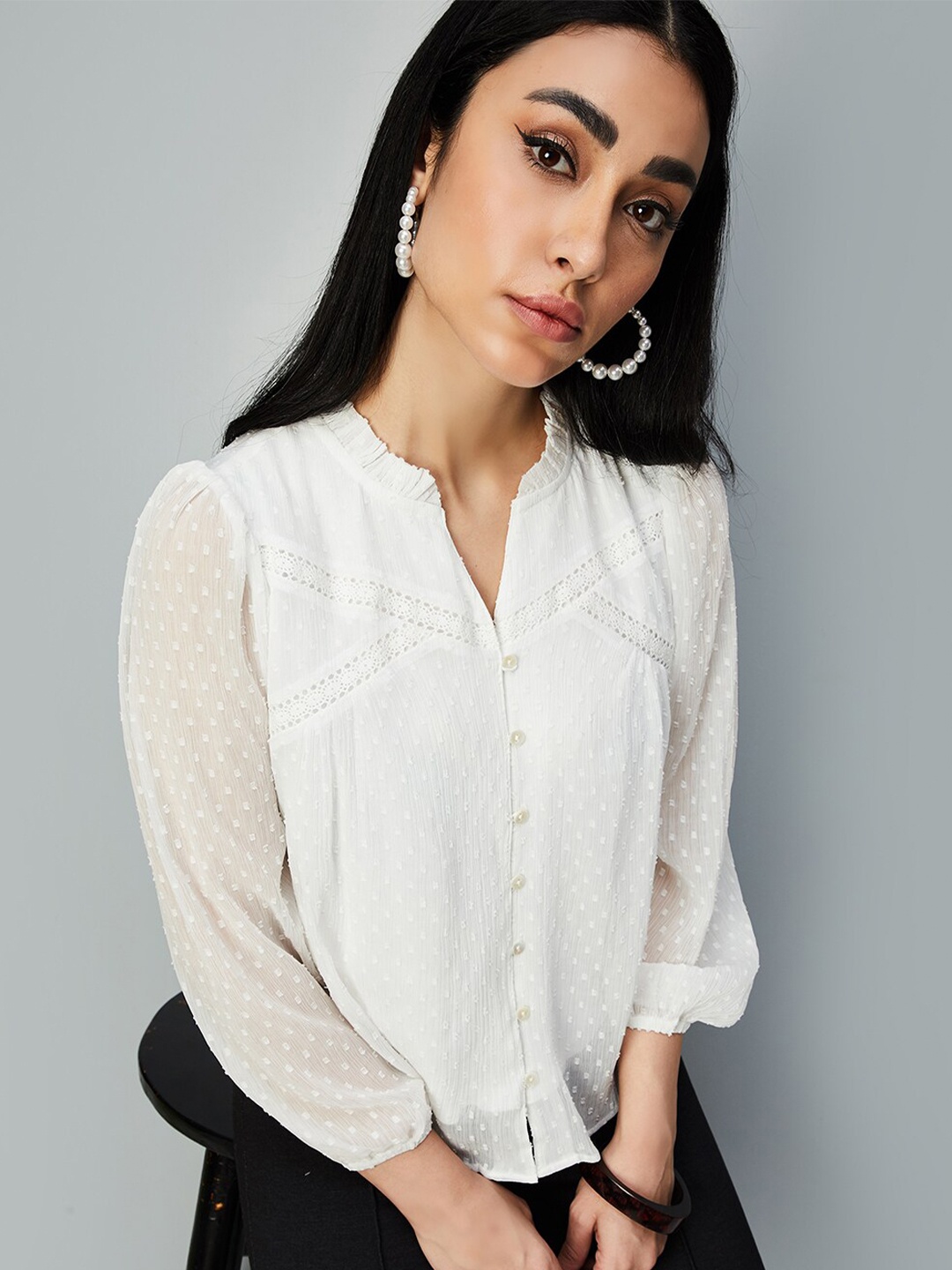 

max Self Design Mandarin Collar Puff Sleeve Shirt Style Top, White