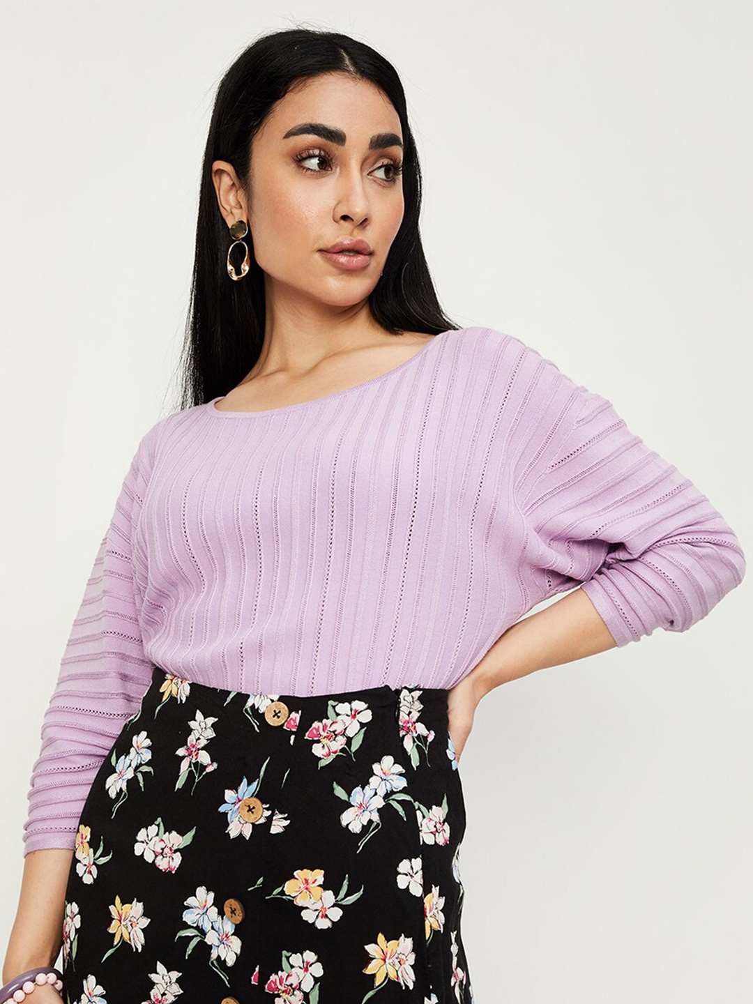 

max Self-Striped Round Neck Top, Purple