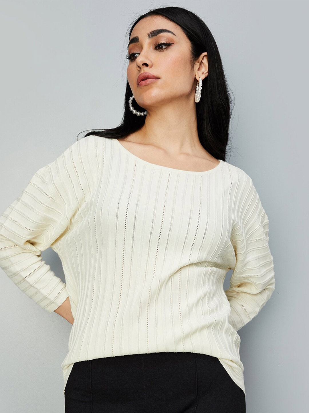 

max Self-Striped Round Neck Top, White