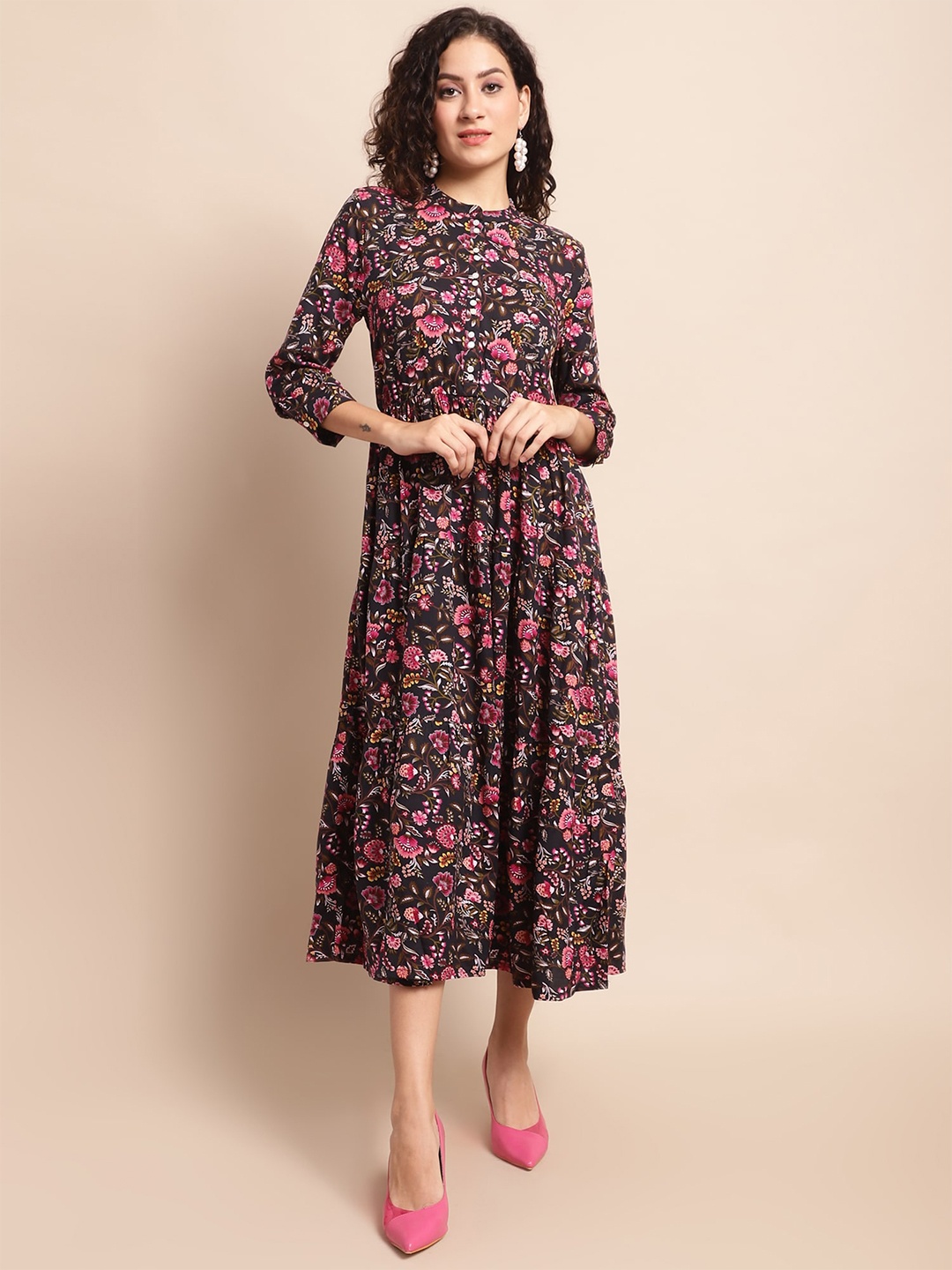 

Cantabil Floral Printed Mandarin Collar Fit & Flare Midi Dress, Black