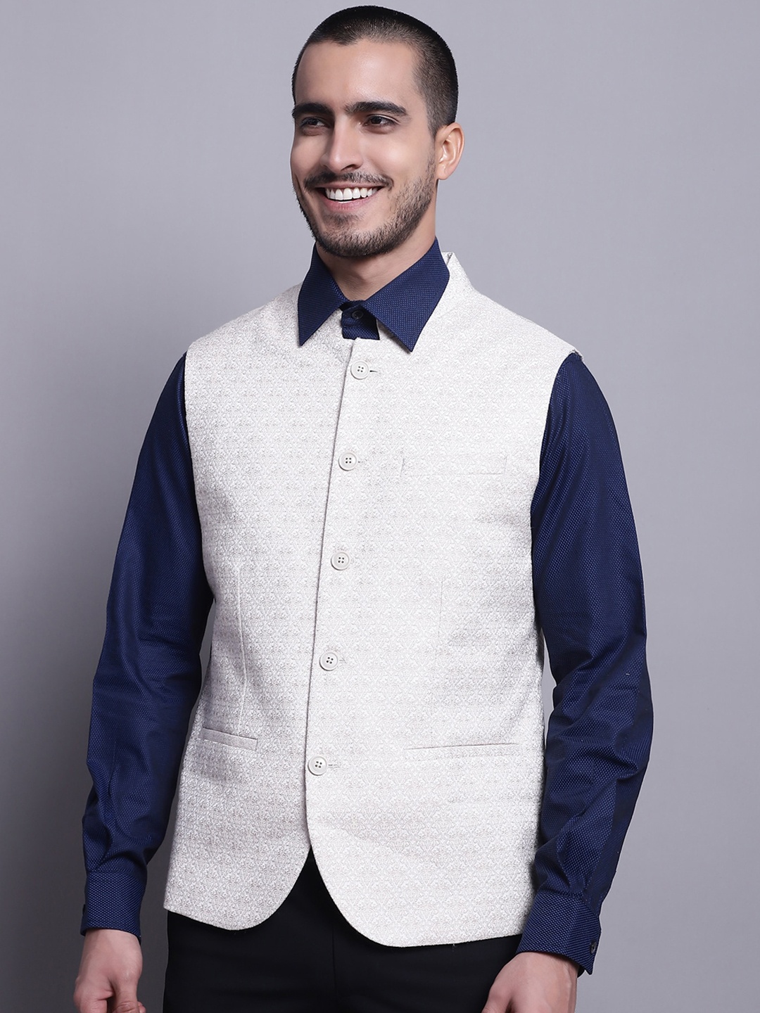 

Cantabil Woven Design Mandarin Collar Waist Coat, Beige