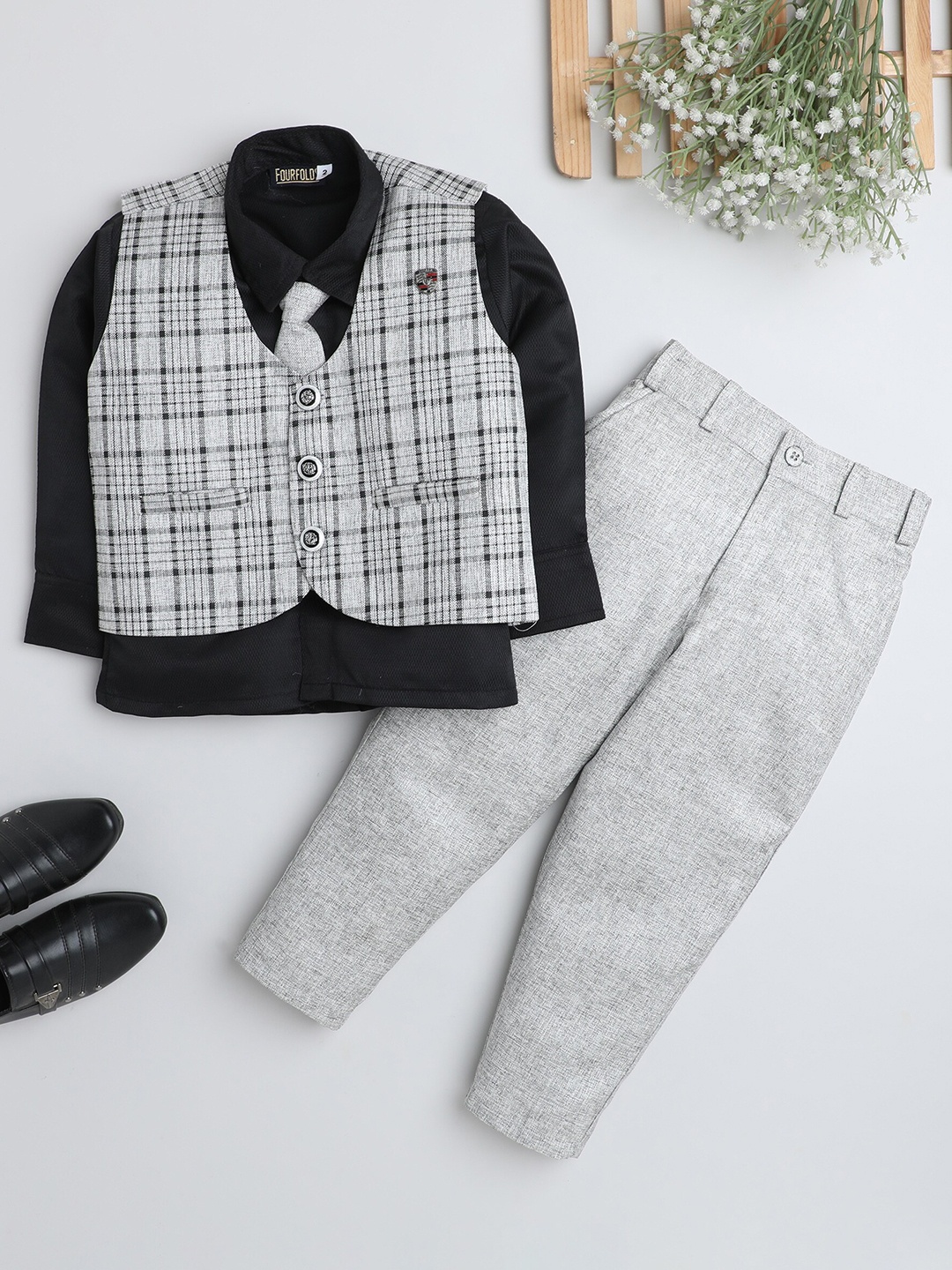 

FOURFOLDS Boys Shirt with Trousers & Waistcoat, Black