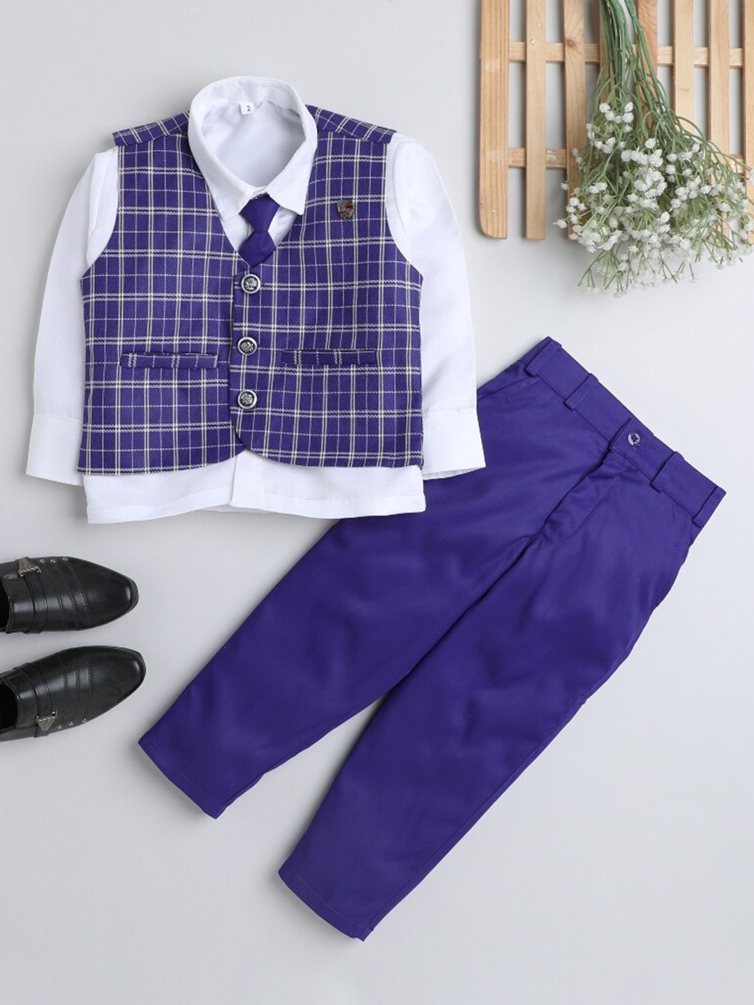 

FOURFOLDS Boys 3 Pieces Checked Shirt With Trousers & Waistcoat, Blue