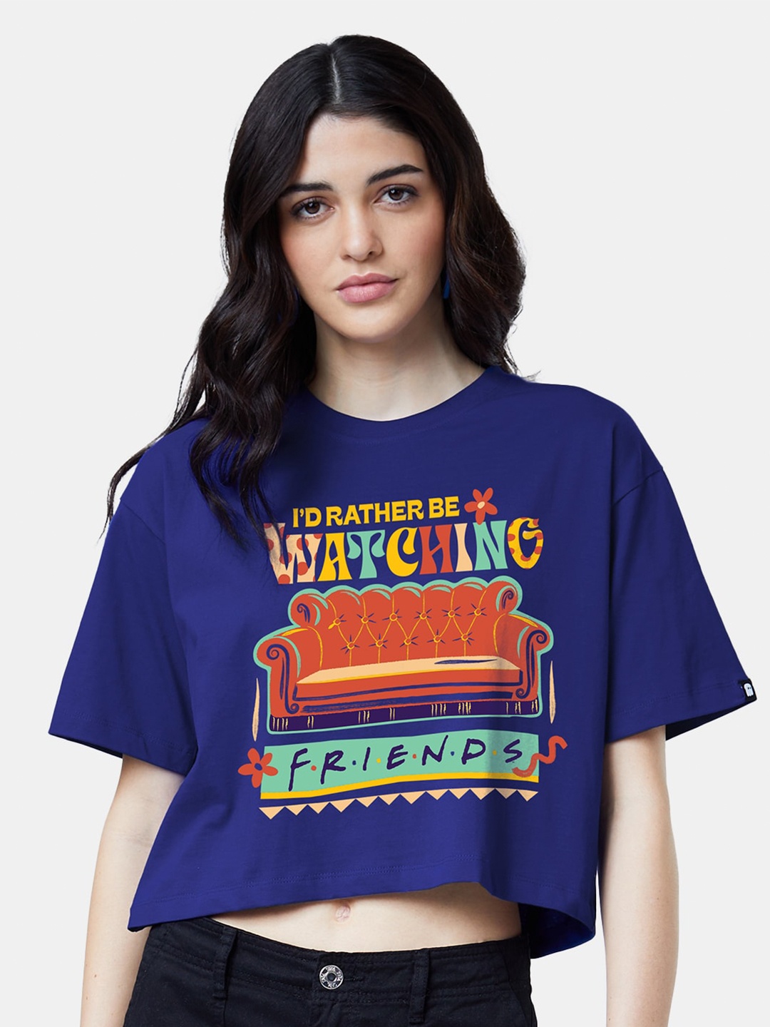 

The Souled Store Blue Typography Printed Friends Oversized Crop Pure Cotton T-shirt