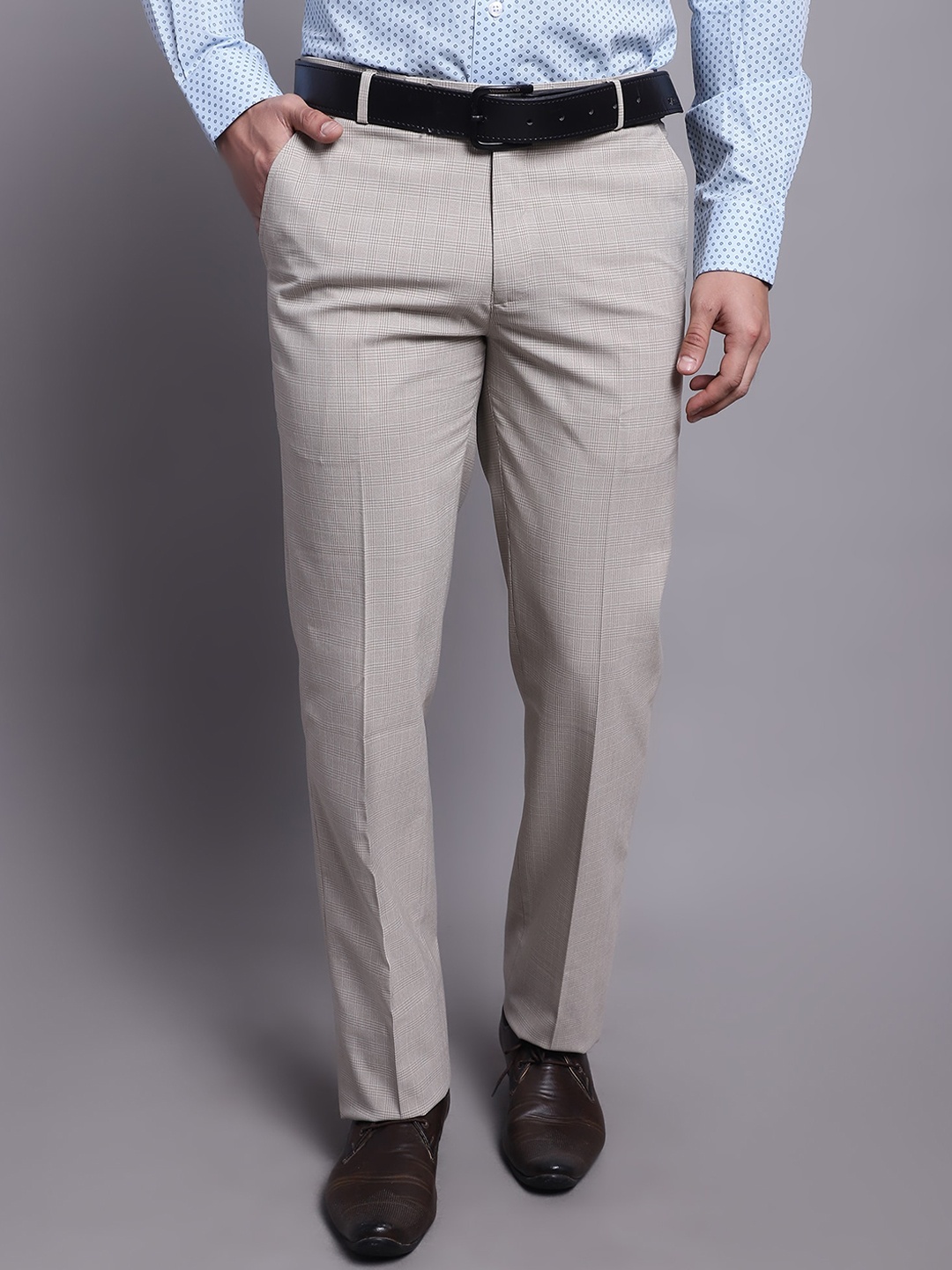 

Cantabil Men Comfort Checked Mid-Rise Formal Trousers, Beige