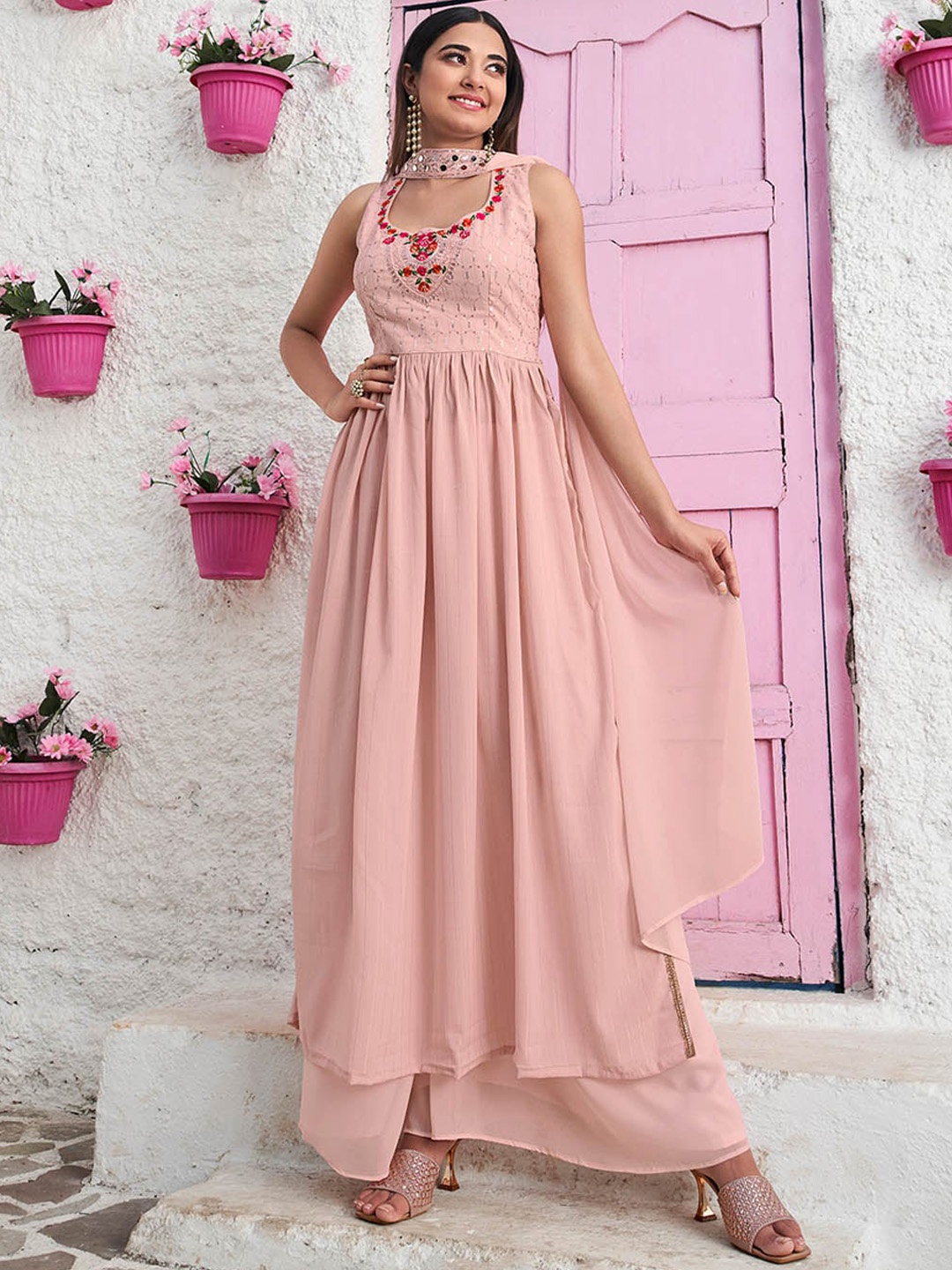 

ODETTE Floral Embroidered Sequinned Kurta With Palazzos & Dupatta, Peach