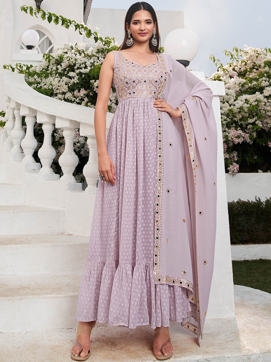 

ODETTE Ethnic Motifs Yoke Design Mirror Work Kurta with Trousers & Dupatta, Lavender