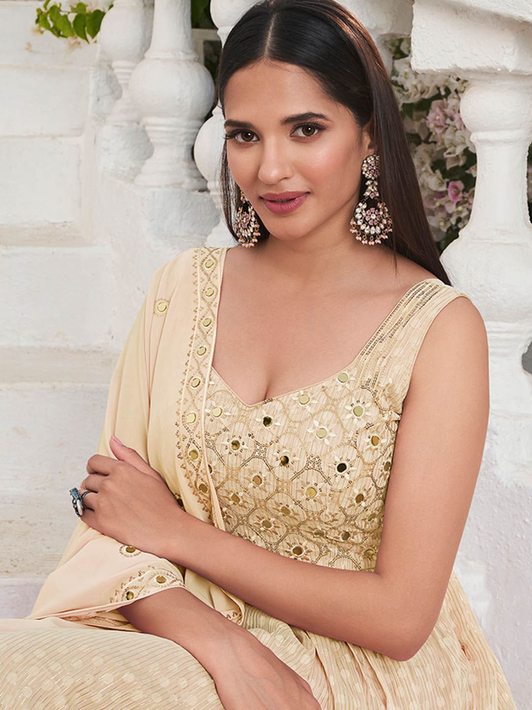 

ODETTE Ethnic Motifs Yoke Design Mirror Work Kurta with Trousers & Dupatta, Beige
