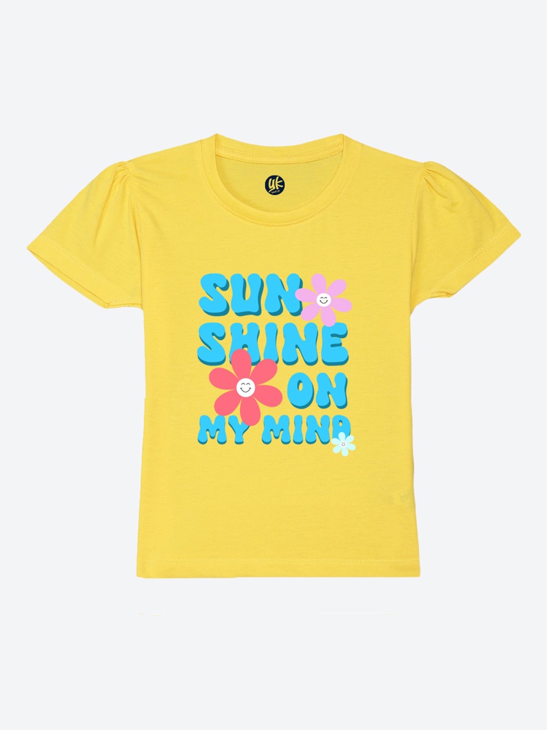 YK Girls Yellow Typography Printed Pure Cotton Applique T-shirt