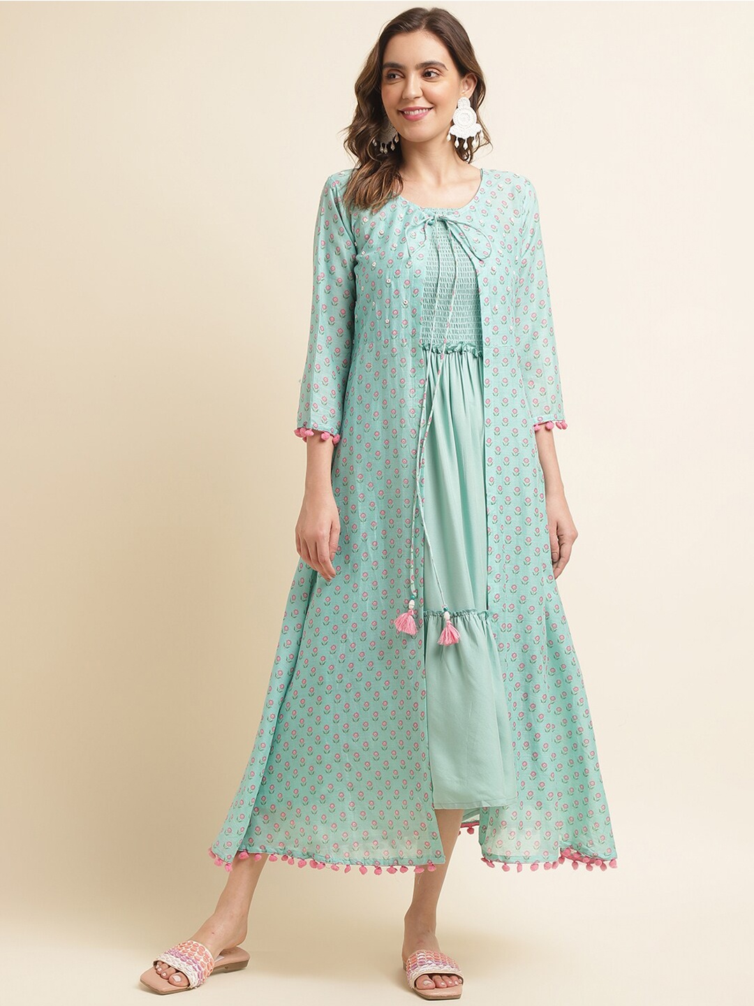 

Ishin Blue Smocked Tiered Cotton Fit & Flare Ethnic Dress With Printed Shrug