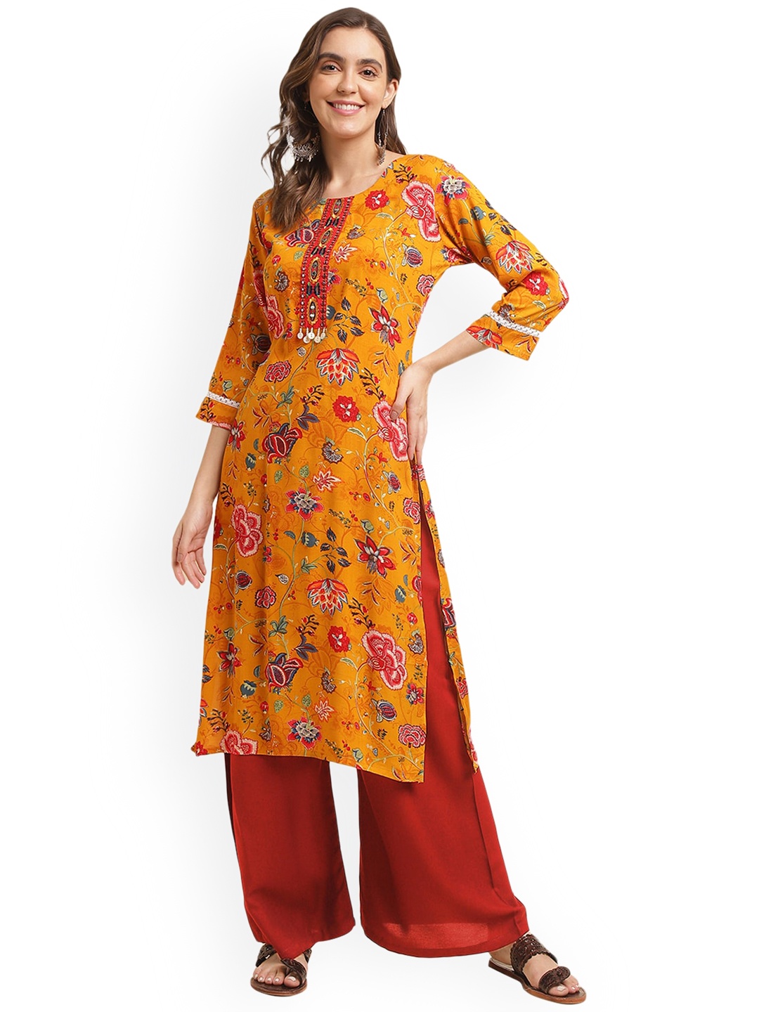 

Ishin Orange Floral Printed A-Line Kurta