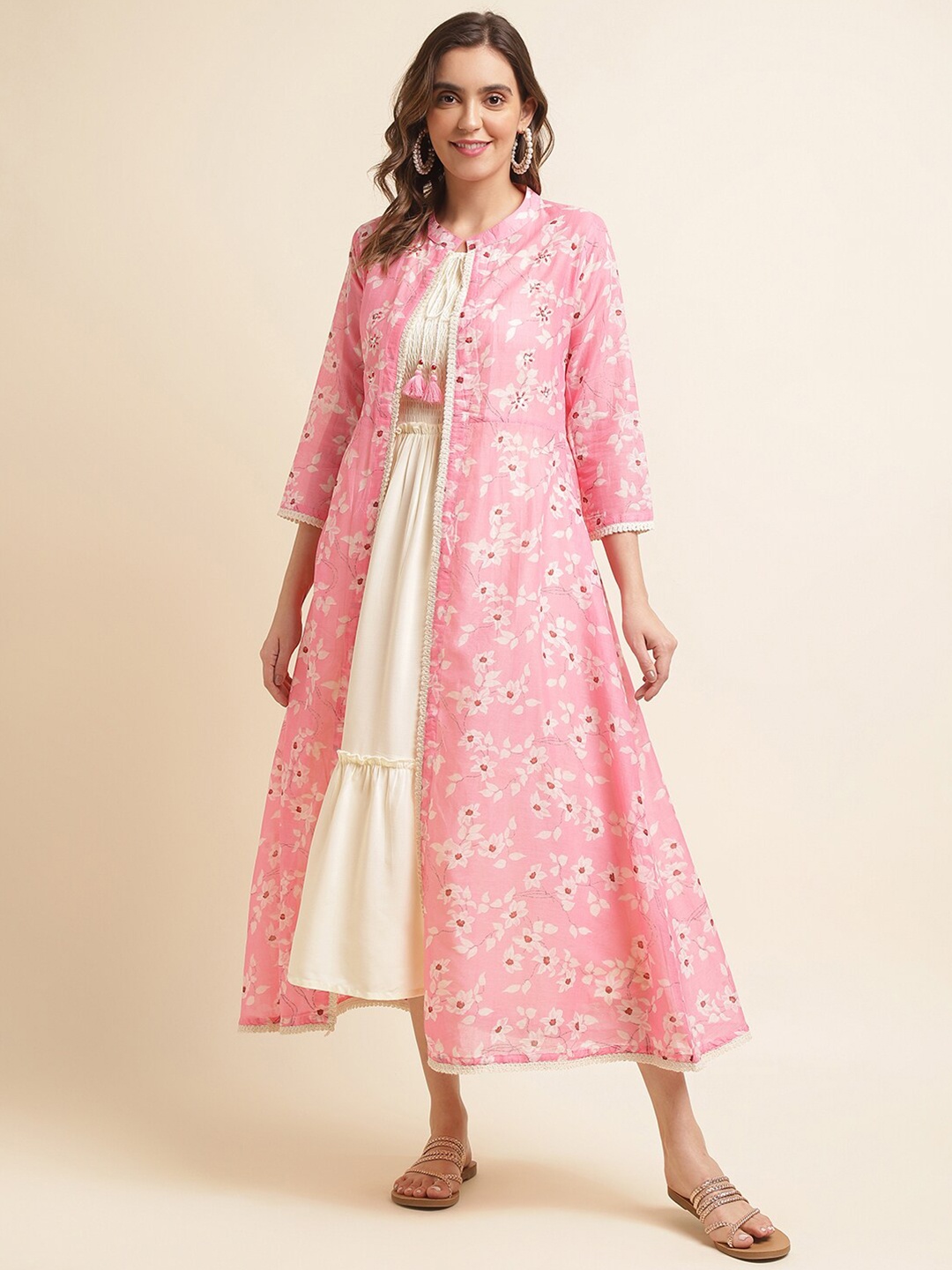 

Ishin Beige Shoulder Straps Smocked Tiered Cotton Fit & Flare Ethnic Dress With Shrug