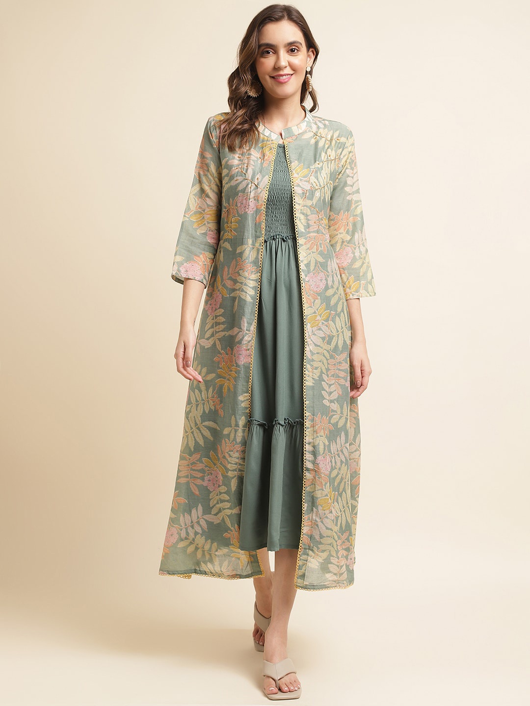 

Ishin Green Shoulder Straps Smocked Tiered Cotton Fit & Flare Ethnic Dress With Shrug