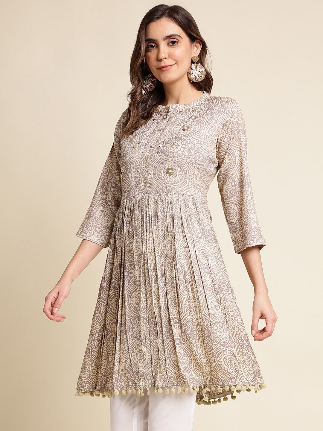 

Ishin Pink Ethnic Printed High Neck A-Line Ethnic Top, Coffee brown