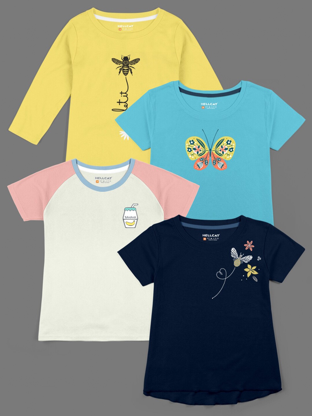 

HELLCAT Girls Pack Of 4 Graphic Printed Cotton T-shirt, Yellow