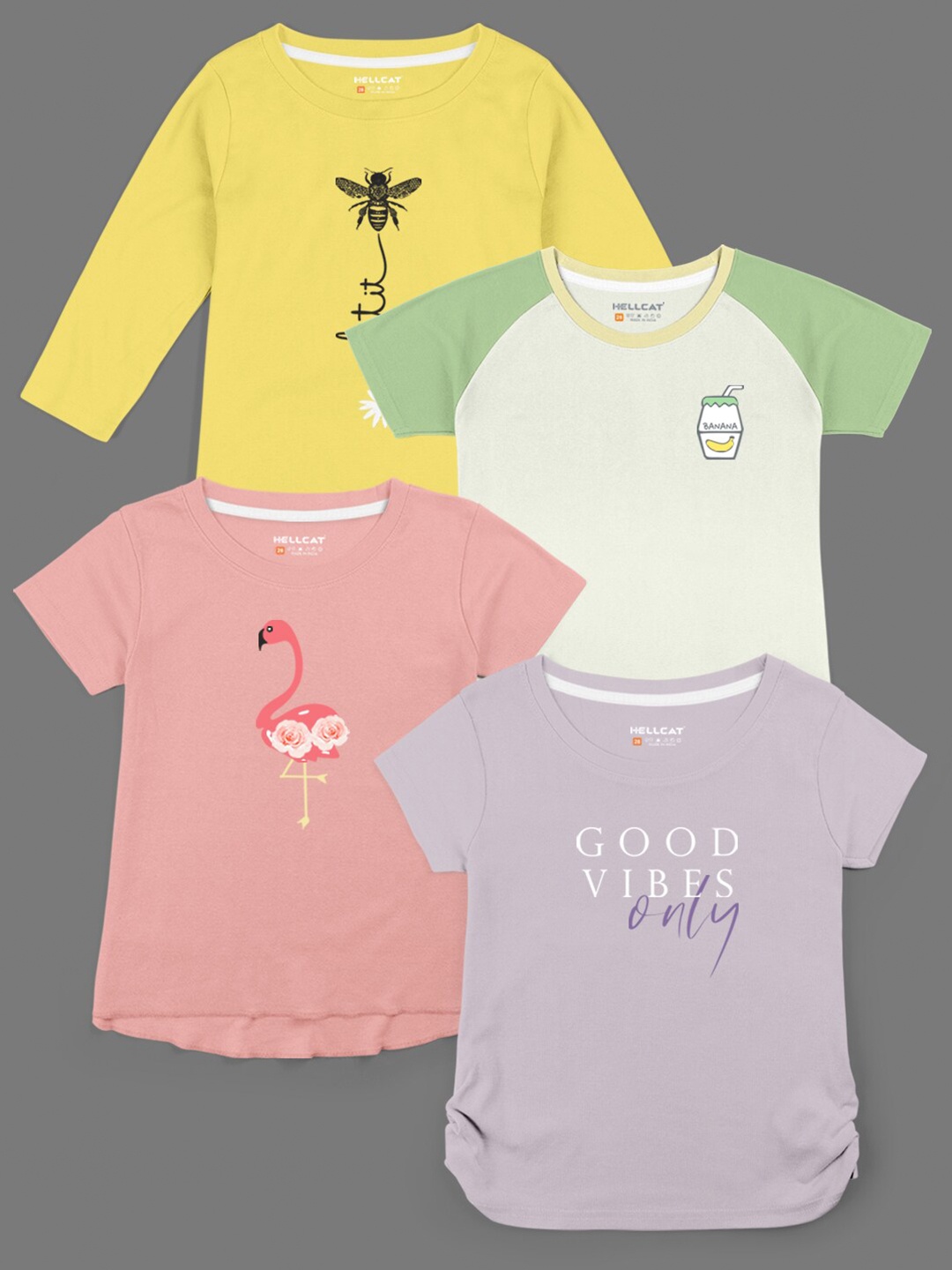 HELLCAT Girls Pack Of 4 Printed Cotton T-shirts, Yellow