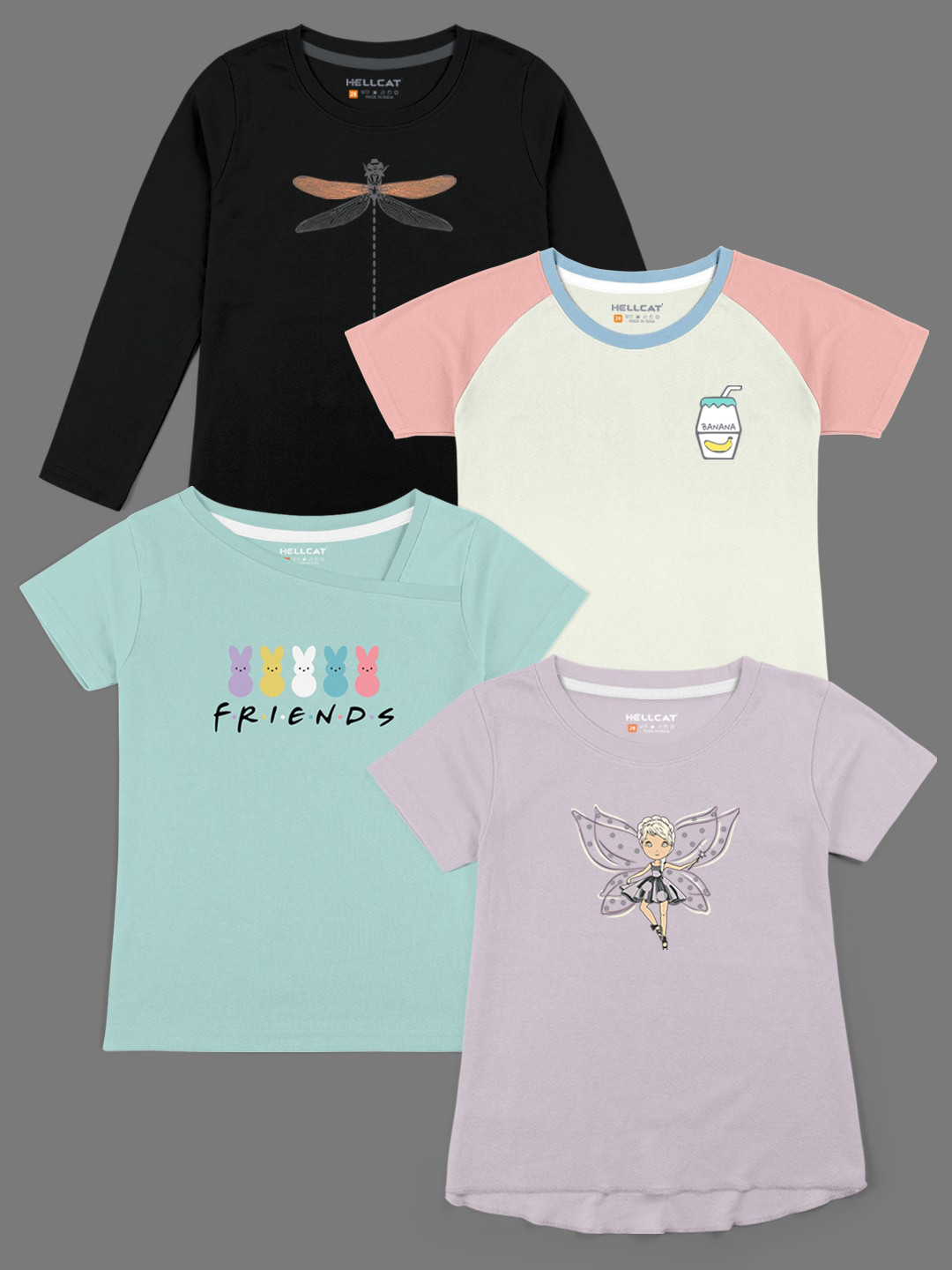 

HELLCAT Girls Pack Of 4 Typography Printed Cotton T-shirts, Black