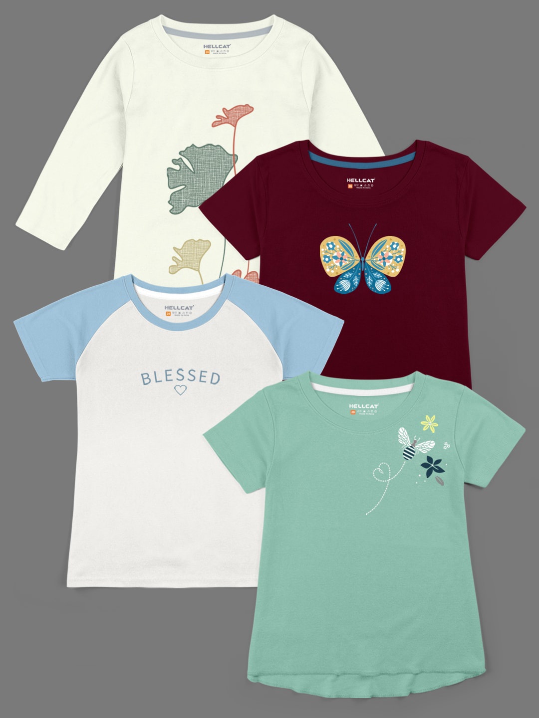 

HELLCAT Girls Pack Of 4 Printed Cotton T-shirts, White