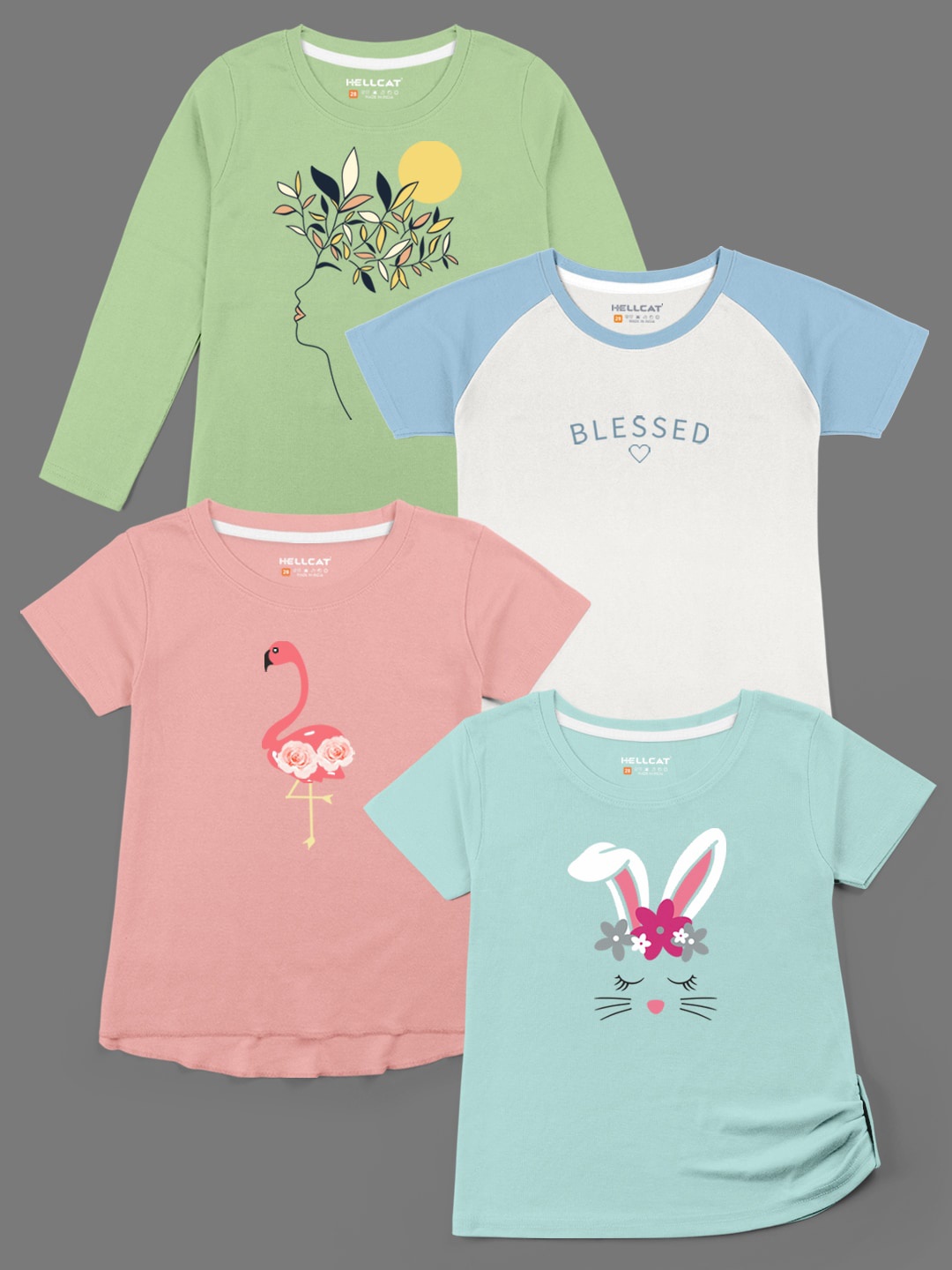 

HELLCAT Girls Pack Of 4 Graphic Printed Cotton T-shirt, Green
