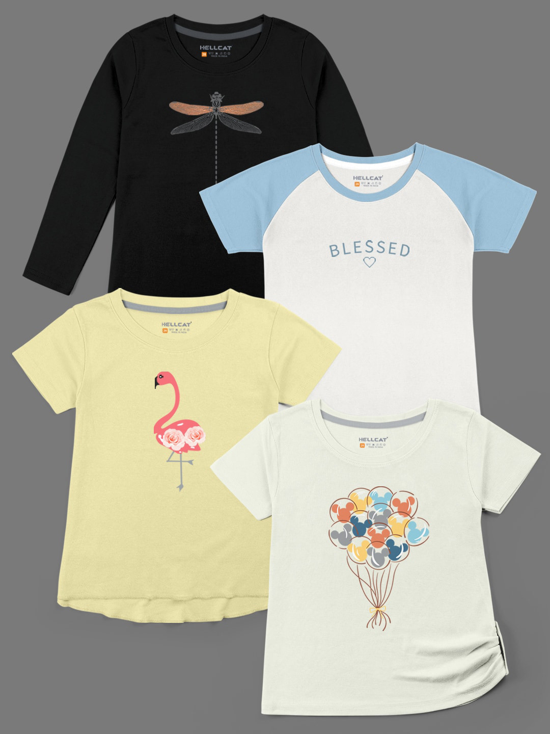 

HELLCAT Girls Pack Of 4 Printed Cotton T-shirts, Black