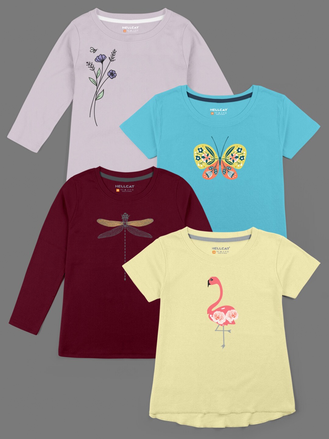 

HELLCAT Girls Pack Of 4 Printed Cotton T-shirts, Blue