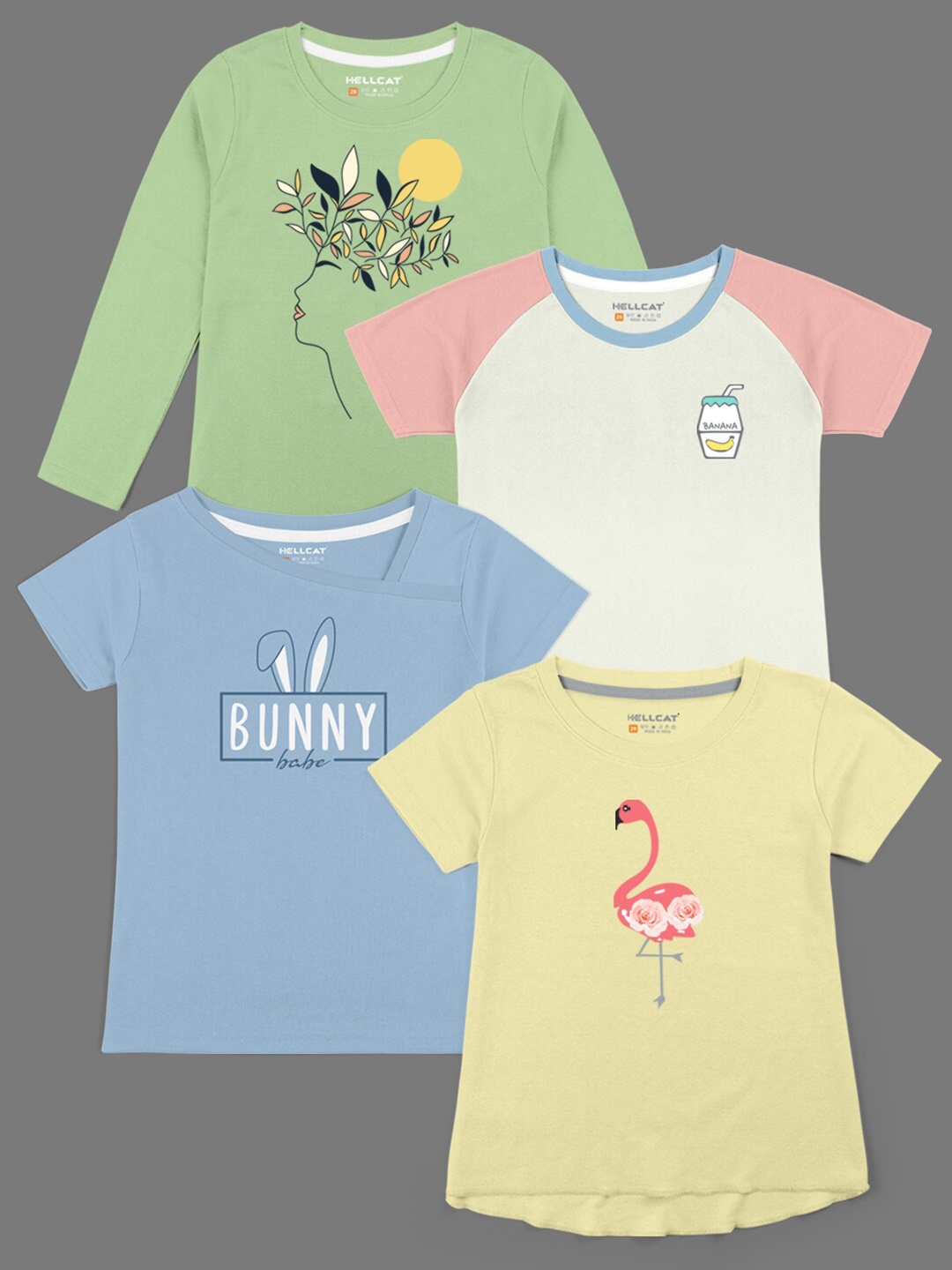 

HELLCAT Girls Pack Of 4 Printed Cotton T-shirts, Yellow