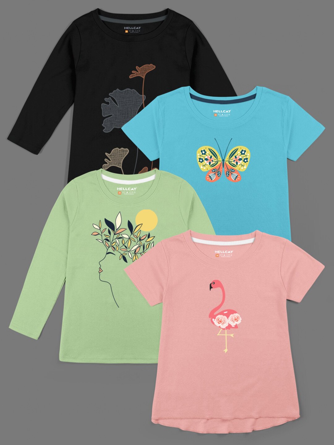 

HELLCAT Girls Pack Of 4 Printed Cotton T-shirts, Pink