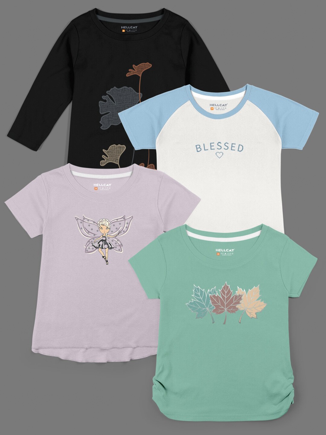 

HELLCAT Girls Pack Of 4 Graphic Printed Cotton T-shirts, Black