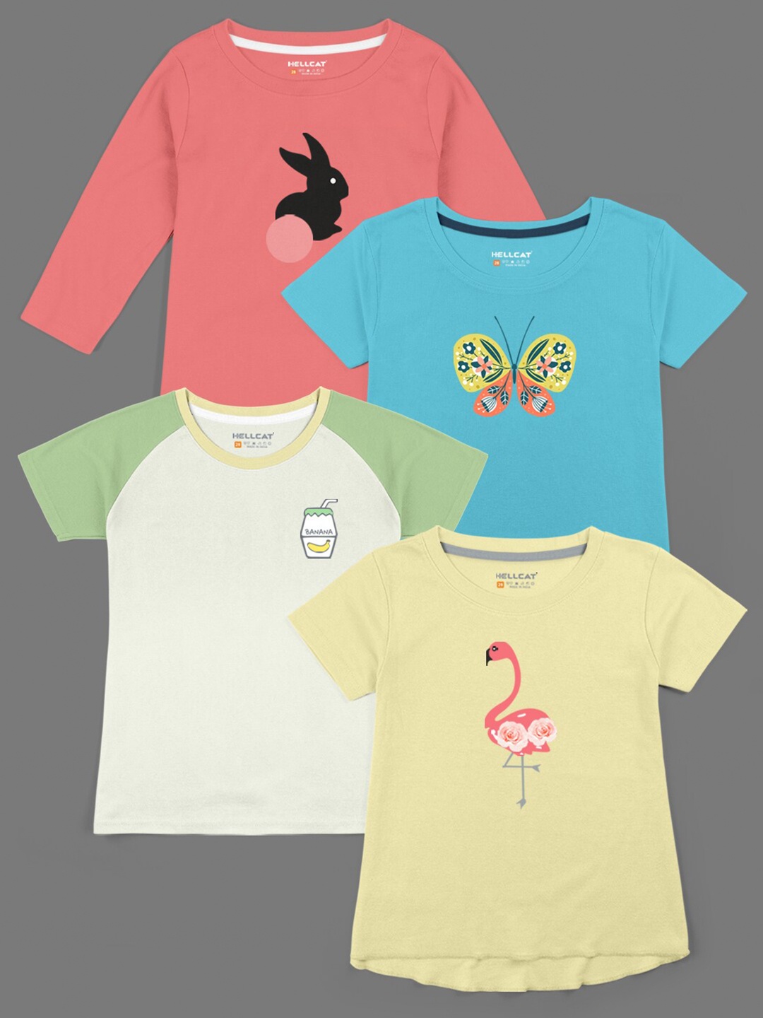 

HELLCAT Girls Pack Of 4 Graphic Printed Cotton T-shirts, Pink