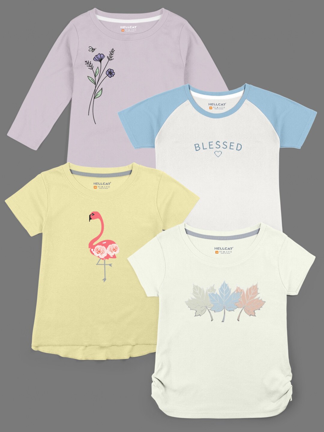 

HELLCAT Girls Pack Of 4 Printed Cotton T-shirts, Purple