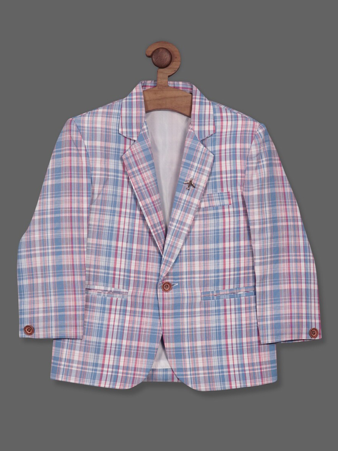

RIKIDOOS Boys Checked Single Breasted Cotton Blazer, Blue