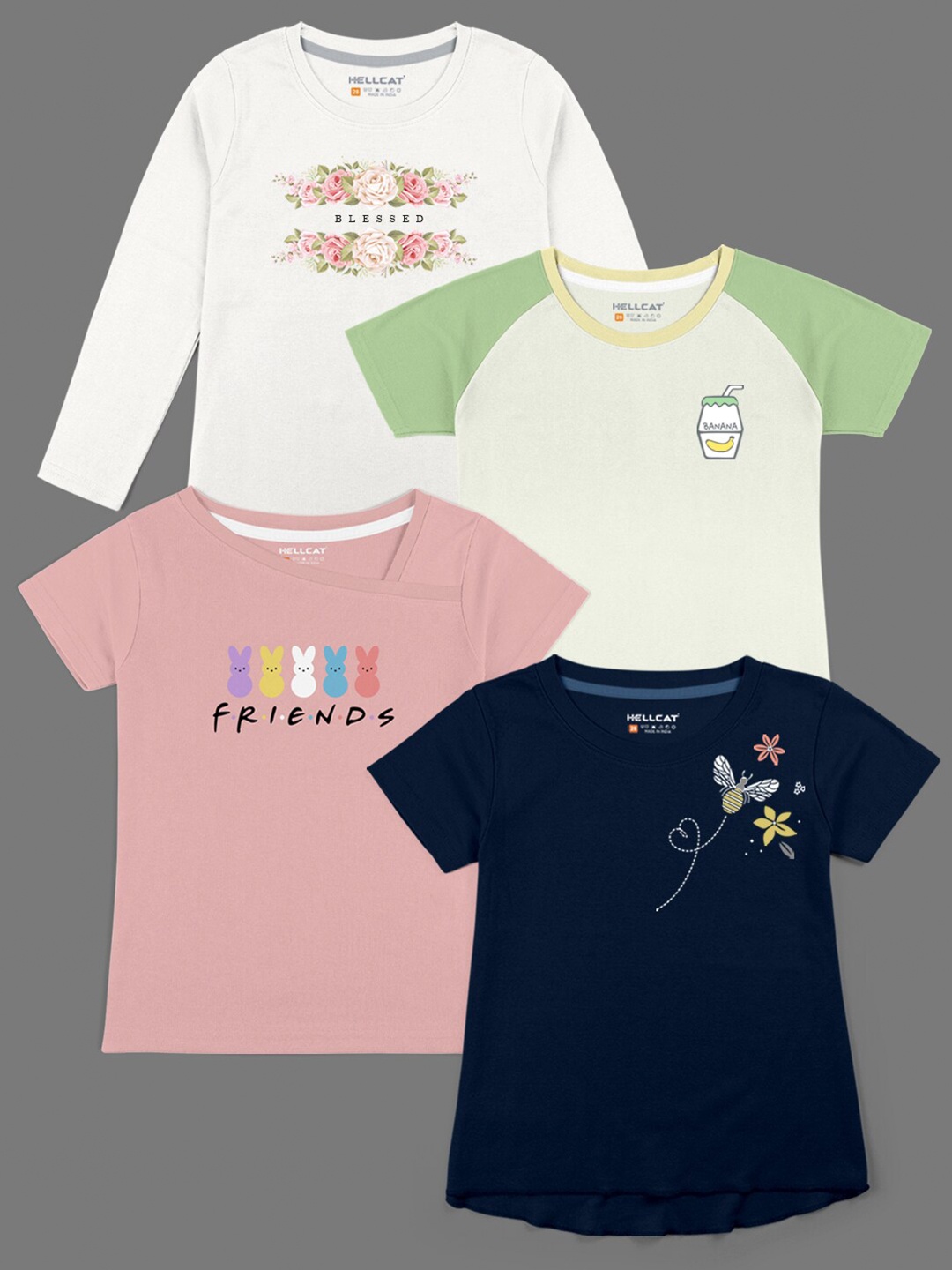 

HELLCAT Girls Pack Of 4 Printed Cotton T-shirts, White