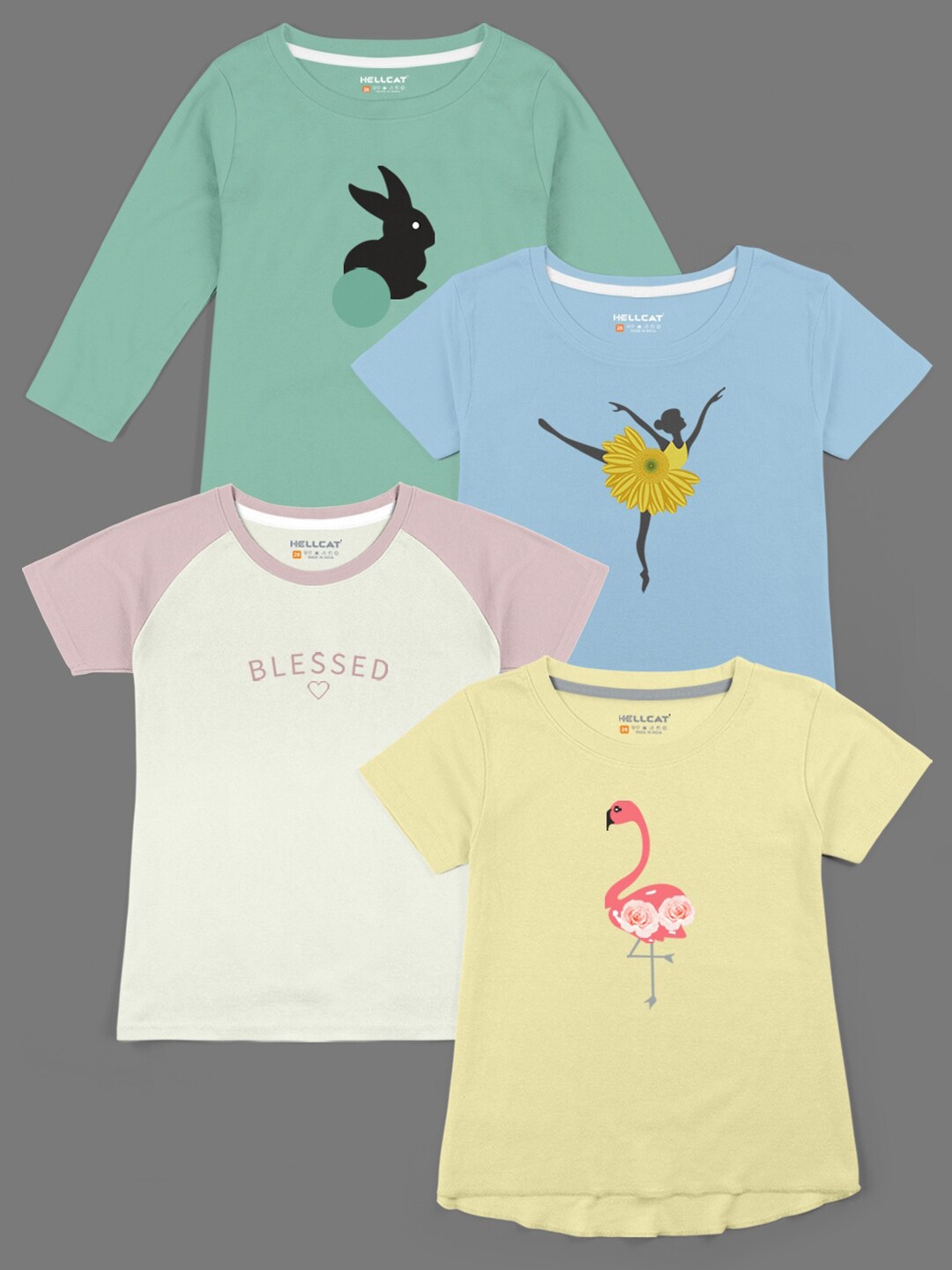 

HELLCAT Girls Pack Of 4 Graphic Printed Cotton T-shirt, Green