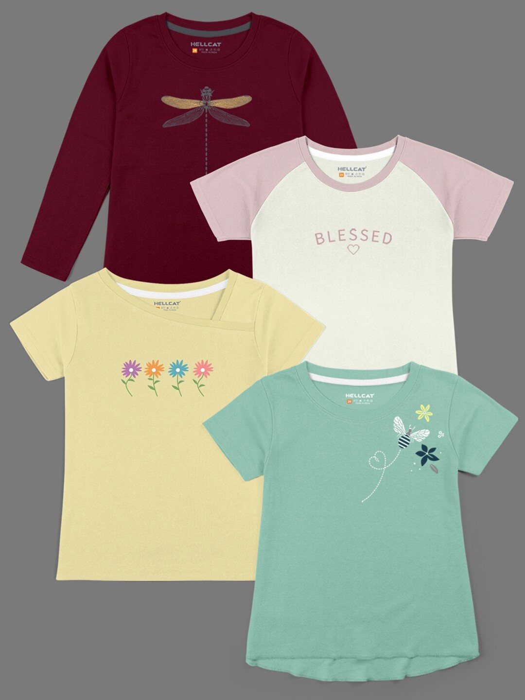 

HELLCAT Girls Pack Of 4 Graphic Printed Cotton T-shirt, Maroon