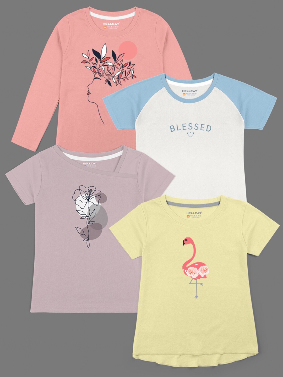 

HELLCAT Girls Pack Of 4 Graphic Printed Cotton T-shirt, Pink