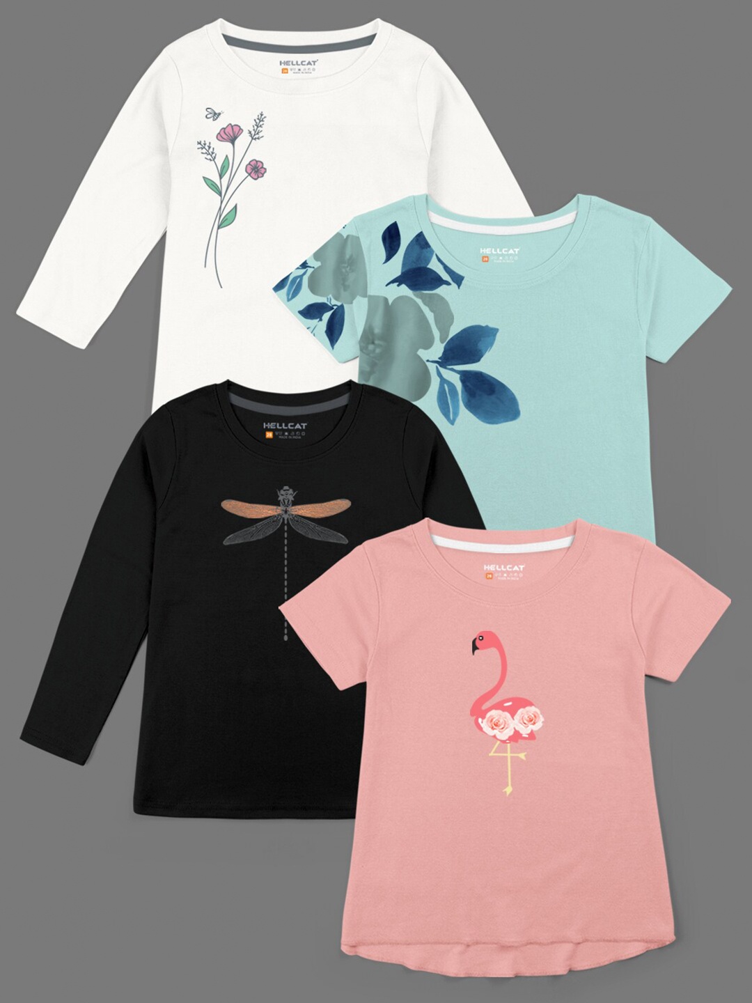 

HELLCAT Girls Pack Of 4 Graphic Printed Cotton T-shirt, White