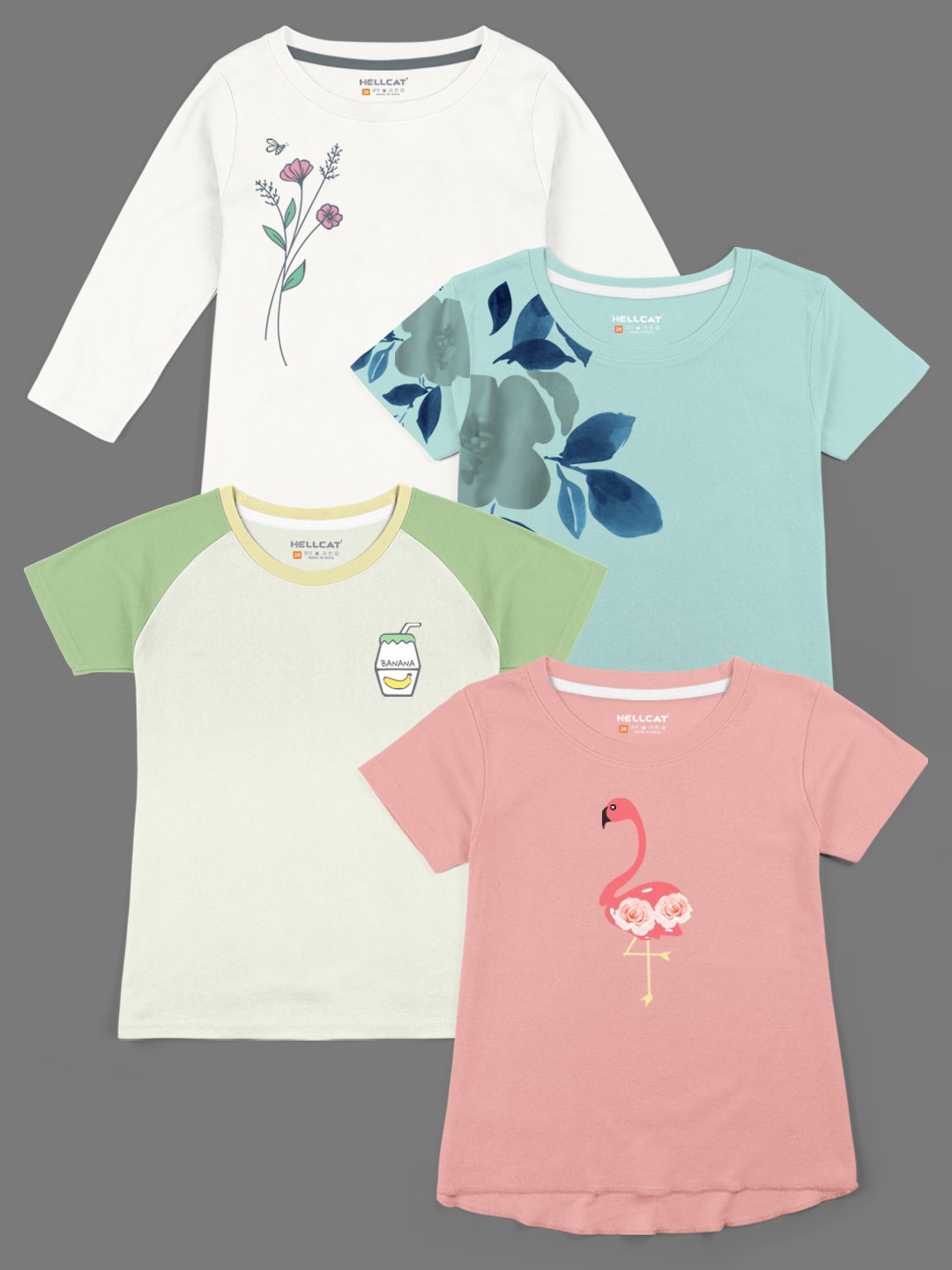HELLCAT Girls Pack Of 4 Graphic Printed Cotton T-shirt, White