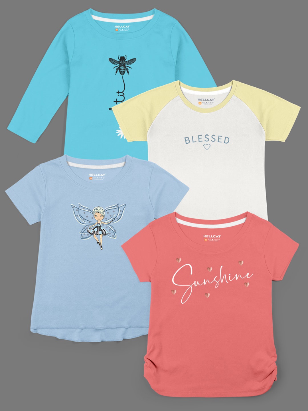 

HELLCAT Girls Pack Of 4 Typography Printed Cotton T-shirts, Turquoise blue